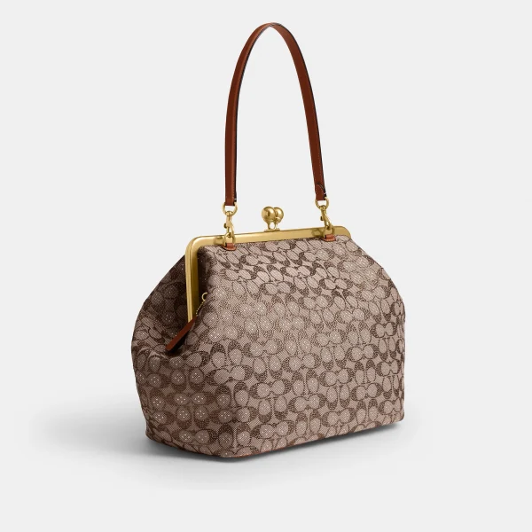 Large Kisslock Frame Bag In Crystal Signature Jacquard - Brown