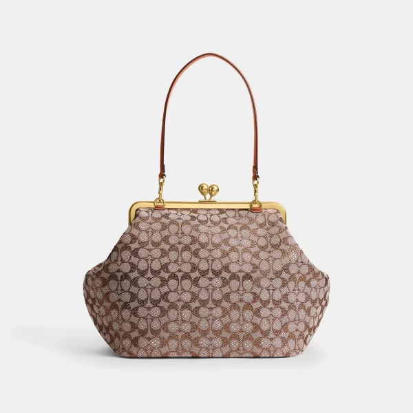 Large Kisslock Frame Bag In Crystal Signature Jacquard - Brown