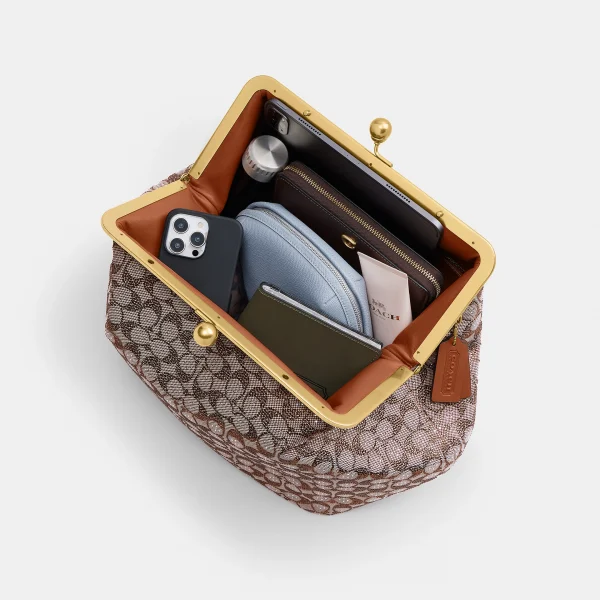 Large Kisslock Frame Bag In Crystal Signature Jacquard - Brown