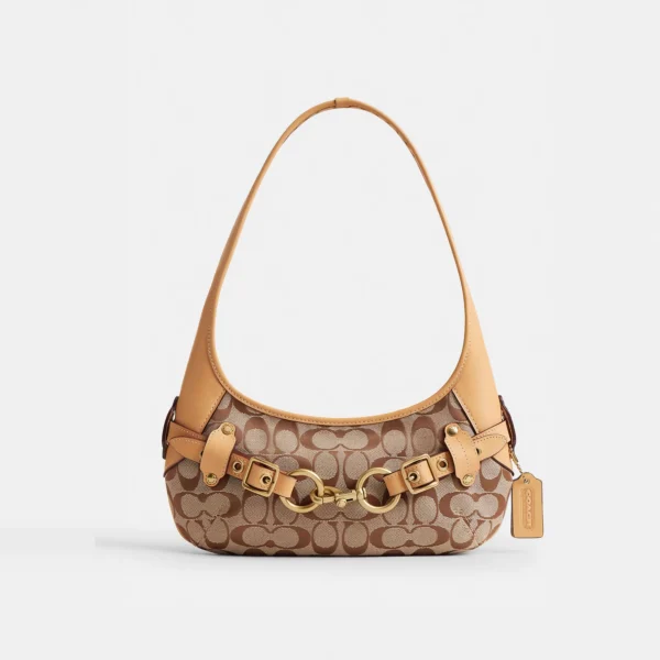 Coach Belted Ergo Shoulder Bag 26 In Signature Jacquard Brass/Khaki Light Peach